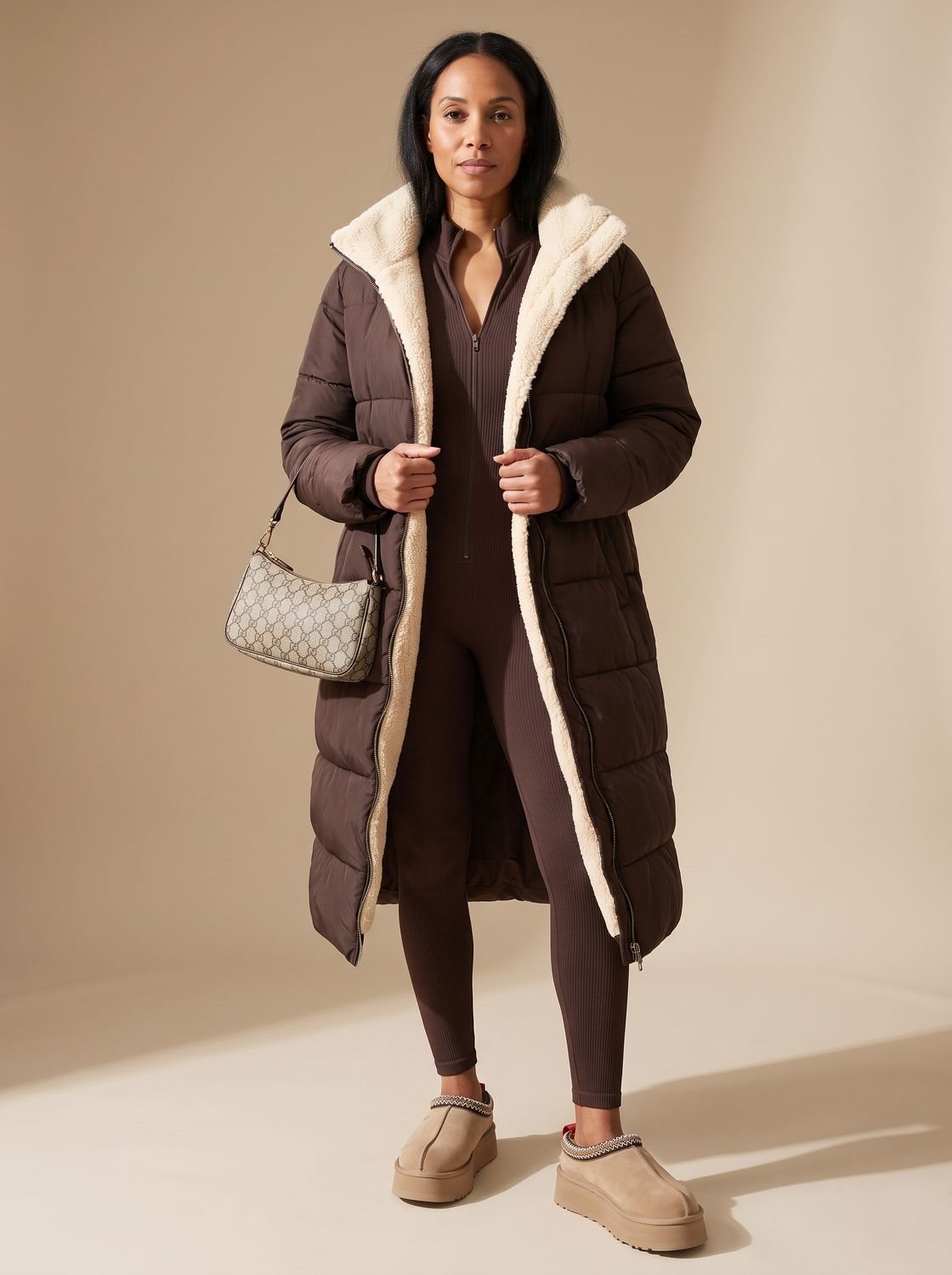 Women's Reversible Sherpa and Quilted Hooded Coat - Brown