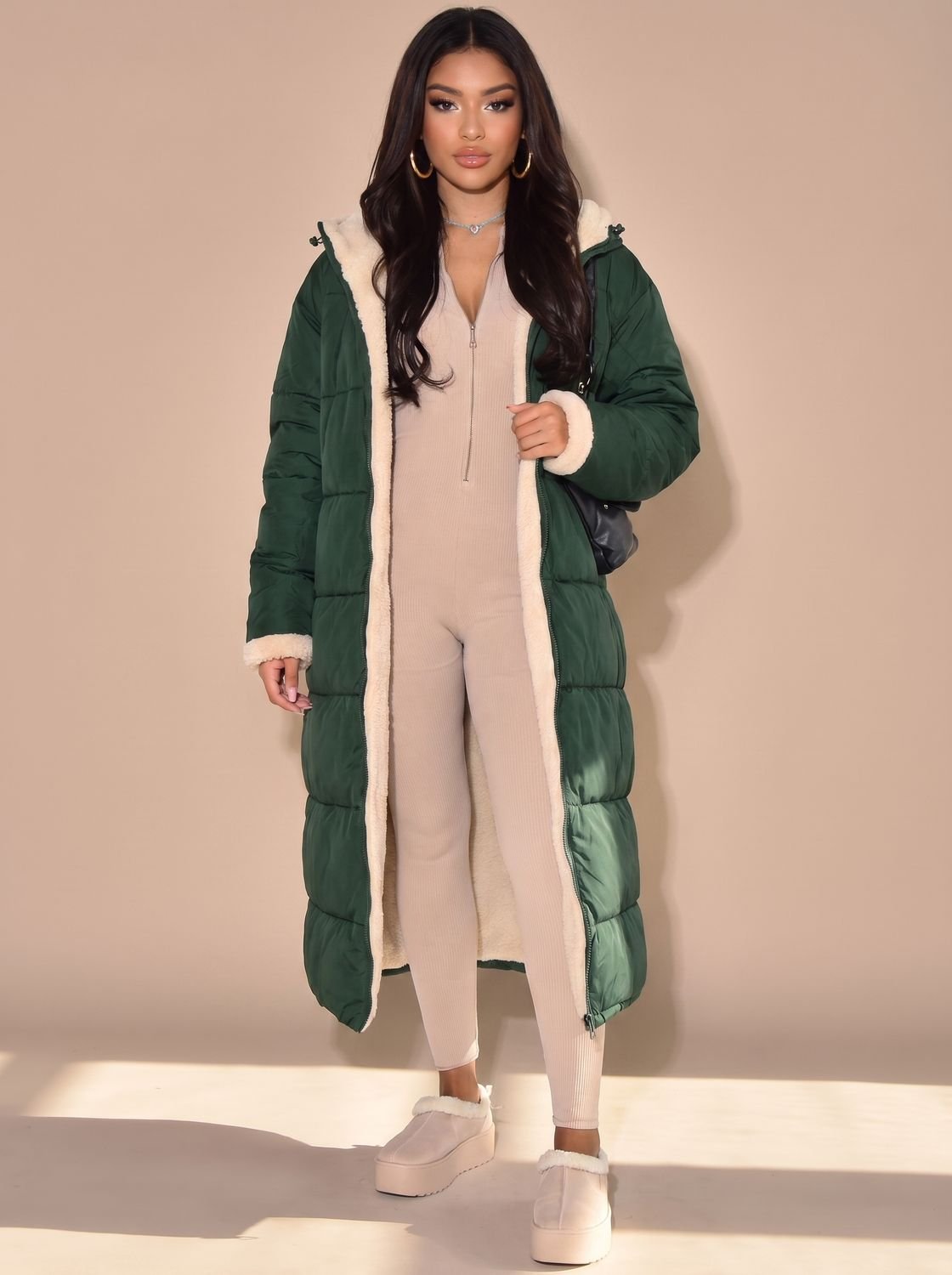 Women's Reversible Sherpa and Quilted Hooded Coat - Green
