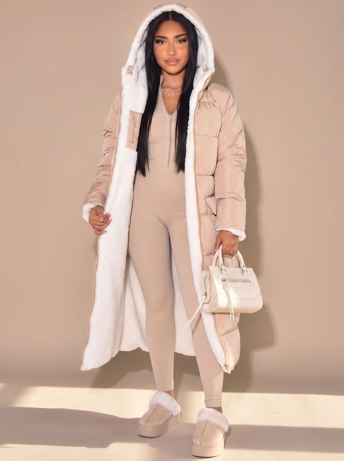 Women's Reversible Sherpa and Quilted Hooded Coat - Beige
