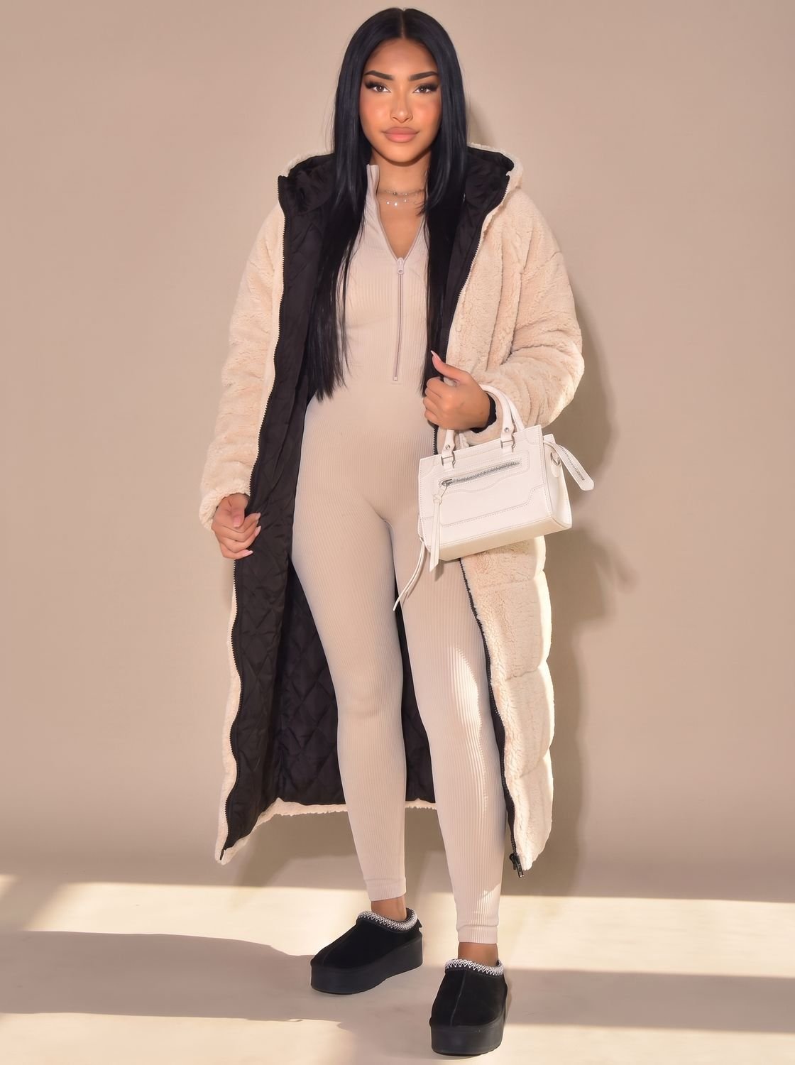Women's Reversible Sherpa and Quilted Hooded Coat
