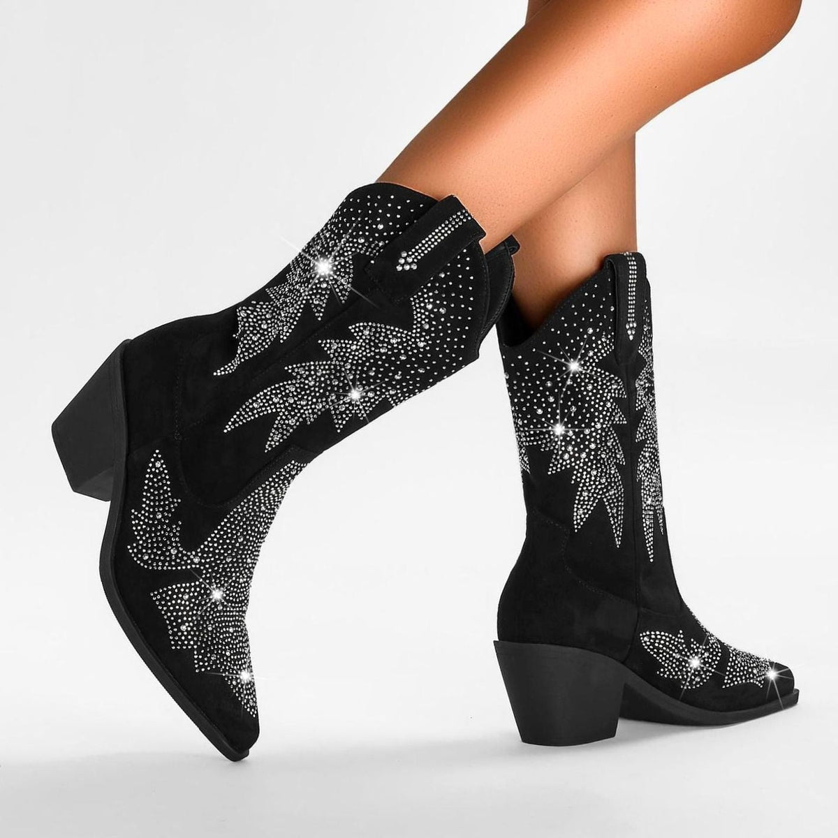Women's Rhinestone Star Western Boots with Block Heel