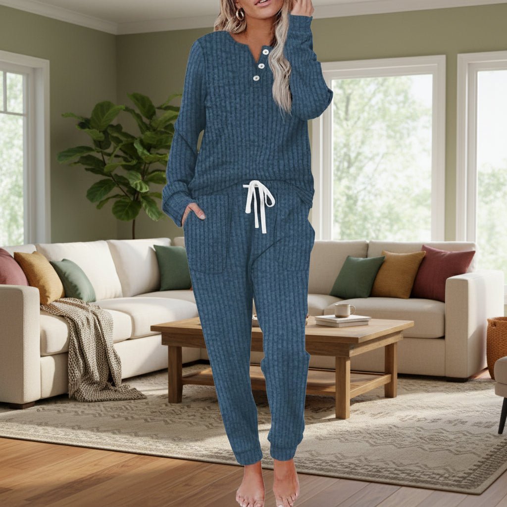 Women's Ribbed Henley Top and Drawstring Jogger Lounge Set - Navy Blue