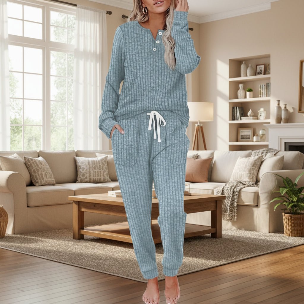 Women's Ribbed Henley Top and Drawstring Jogger Lounge Set - Blue