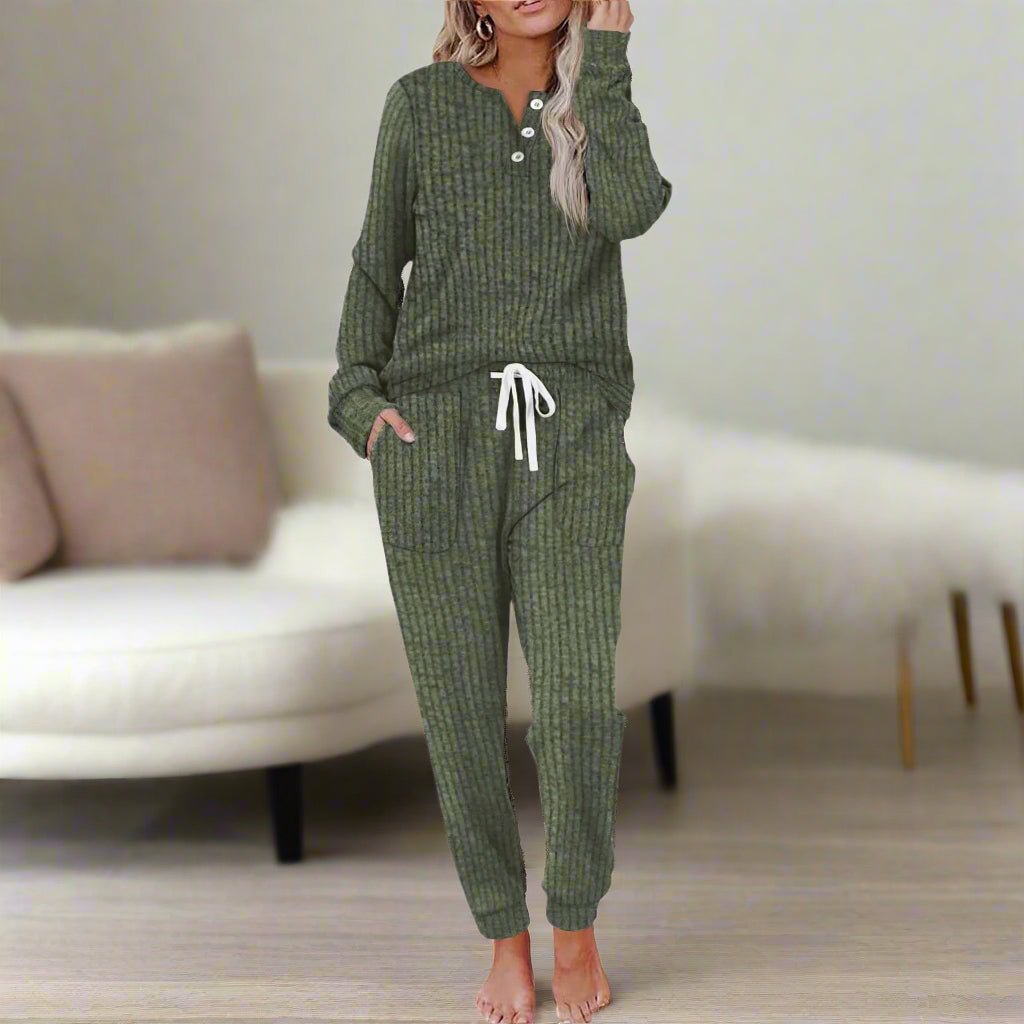 Women's Ribbed Henley Top and Drawstring Jogger Lounge Set - Olive Green