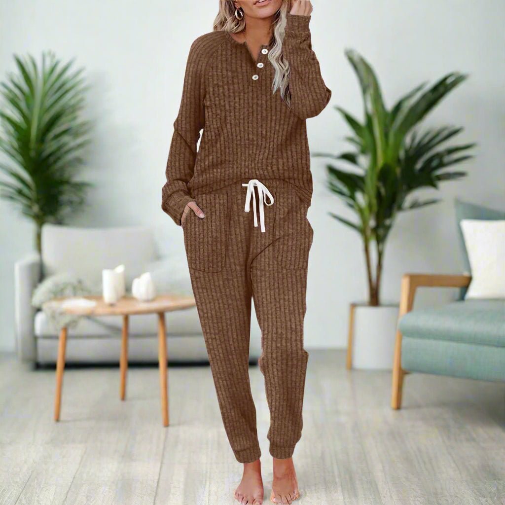 Women's Ribbed Henley Top and Drawstring Jogger Lounge Set - Brown