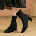 Women's Ribbed Knit Sock Ankle Boots with Block Heel - Black