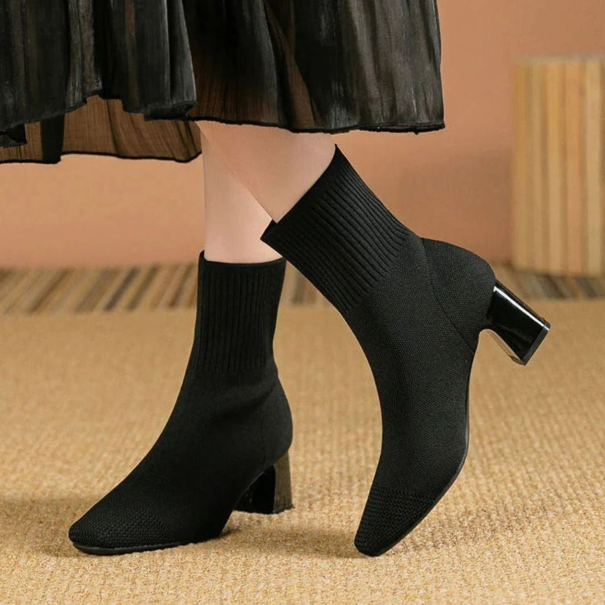 Women's Ribbed Knit Sock Ankle Boots with Block Heel - Black