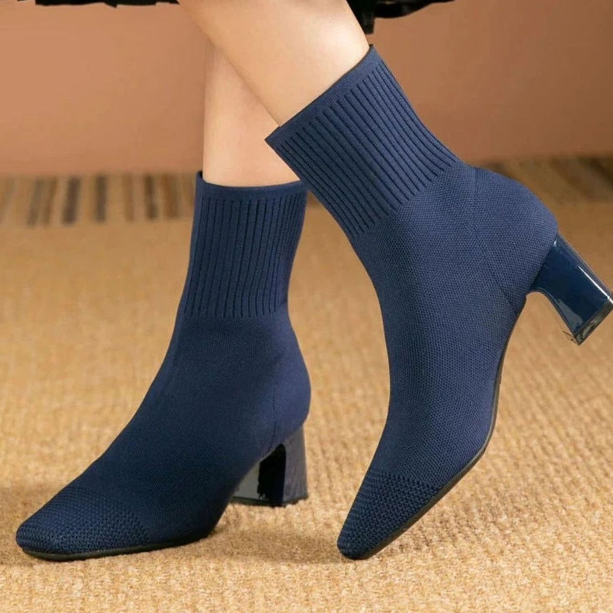 Women's Ribbed Knit Sock Ankle Boots with Block Heel - Blue