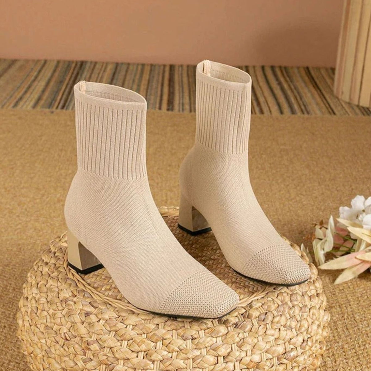 Women's Ribbed Knit Sock Ankle Boots with Block Heel - Beige
