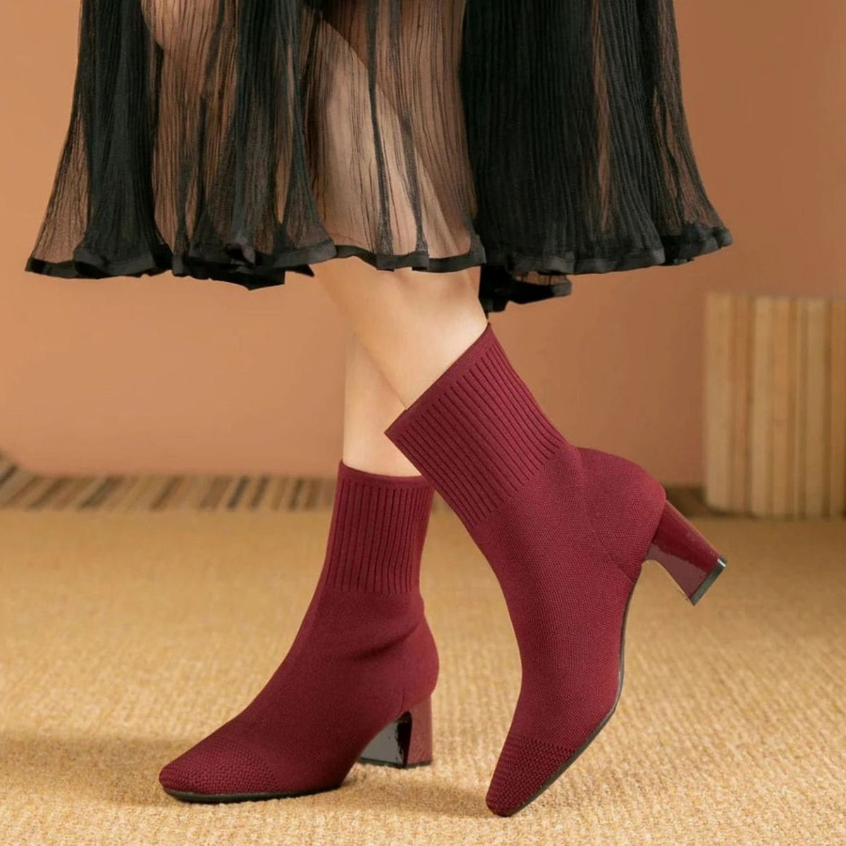 Women's Ribbed Knit Sock Ankle Boots with Block Heel - Red