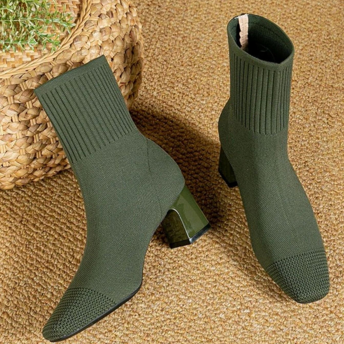 Women's Ribbed Knit Sock Ankle Boots with Block Heel - Green