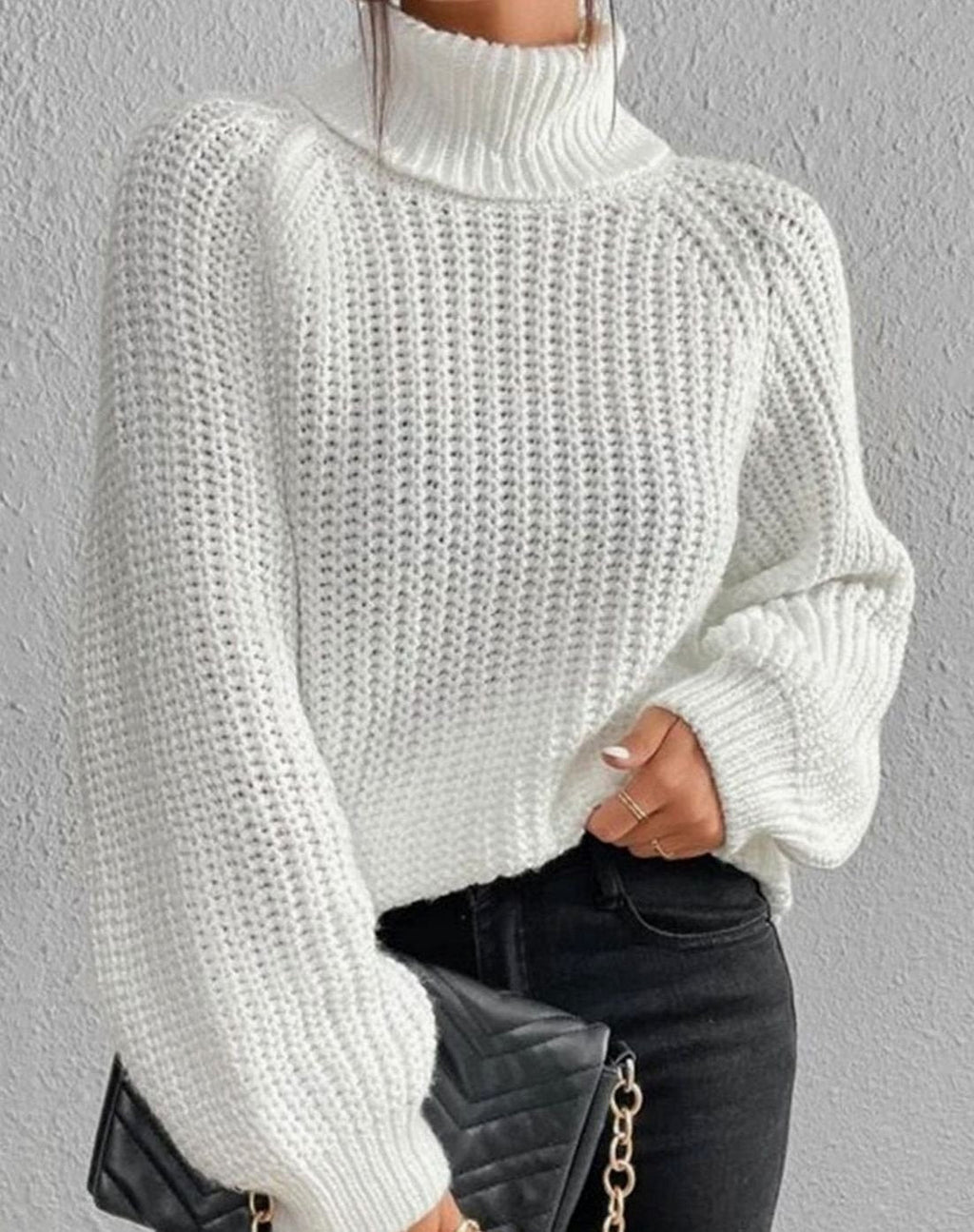 Women's Ribbed Turtleneck Chunky Knit Pullover - Black