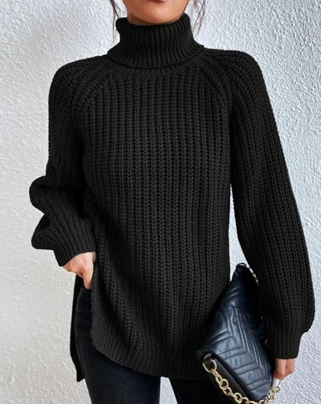 Women's Ribbed Turtleneck Chunky Knit Pullover - Khaki