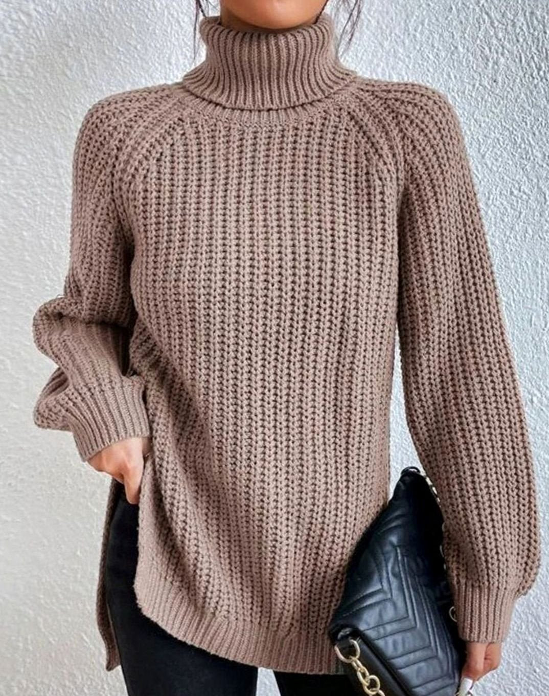 Women's Ribbed Turtleneck Chunky Knit Pullover