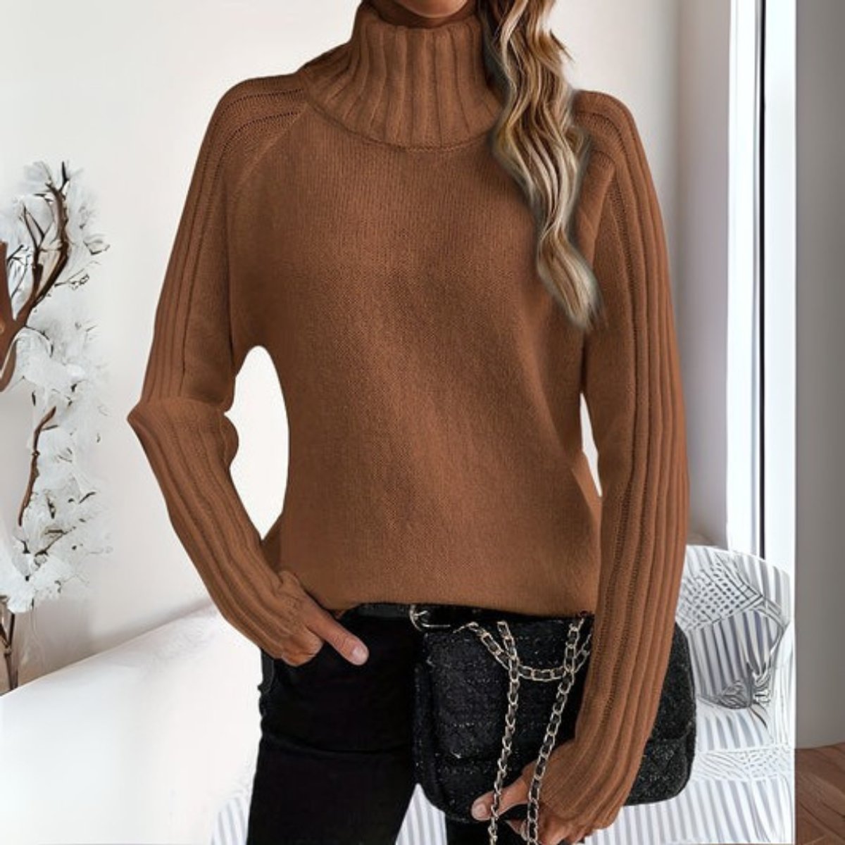 Women's Ribbed Turtleneck Sweater Relaxed Raglan Pullover - Brown