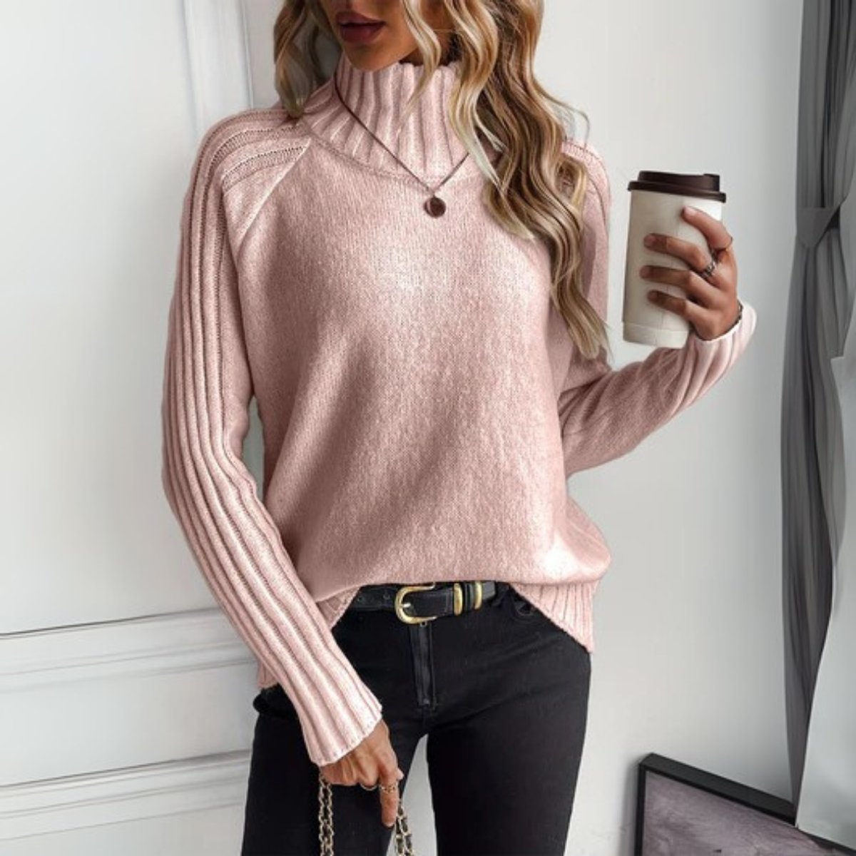 Women's Ribbed Turtleneck Sweater Relaxed Raglan Pullover - Pink