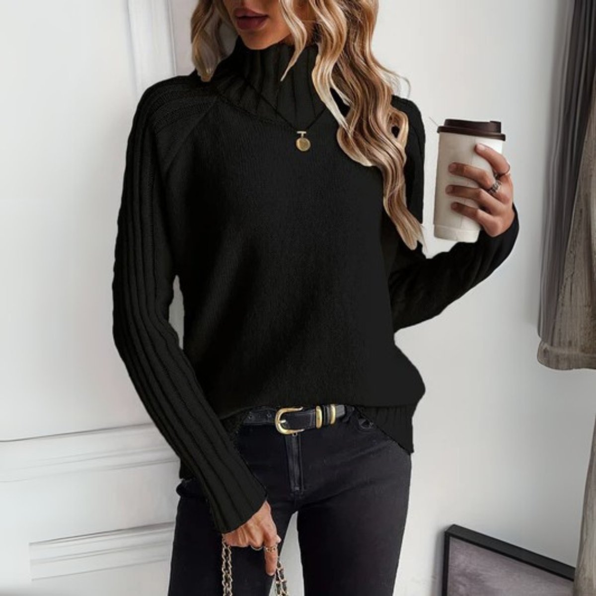 Women's Ribbed Turtleneck Sweater Relaxed Raglan Pullover - Black