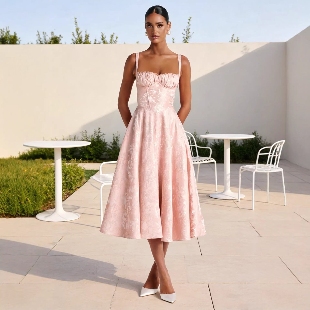 Women's Ruched Jacquard Midi Cocktail Dress