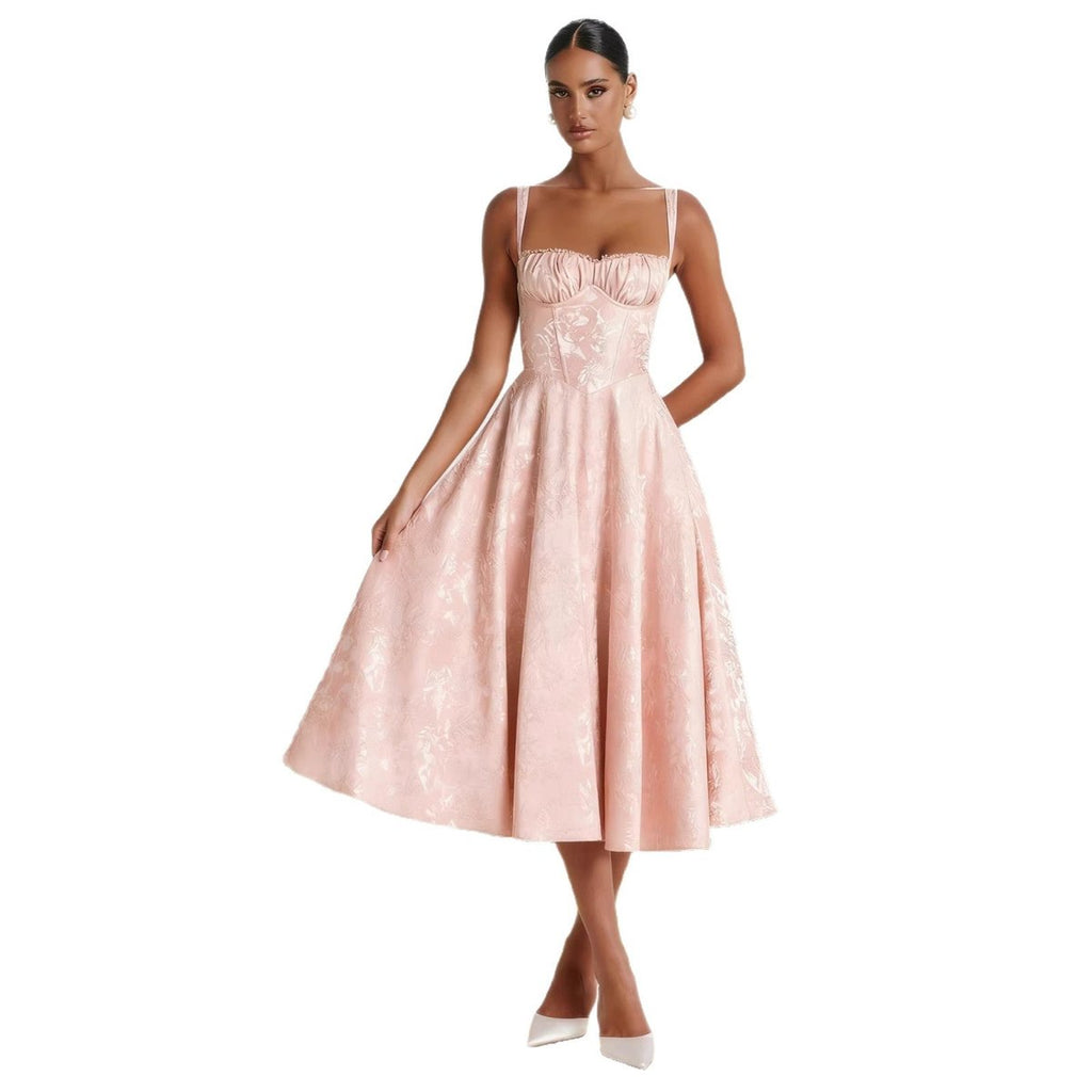 Women's Ruched Jacquard Midi Cocktail Dress