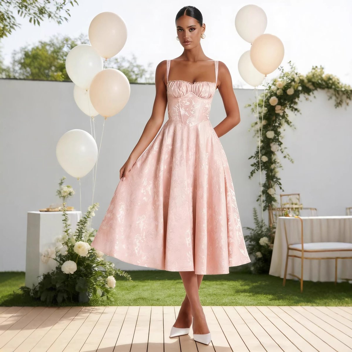 Women's Ruched Jacquard Midi Cocktail Dress