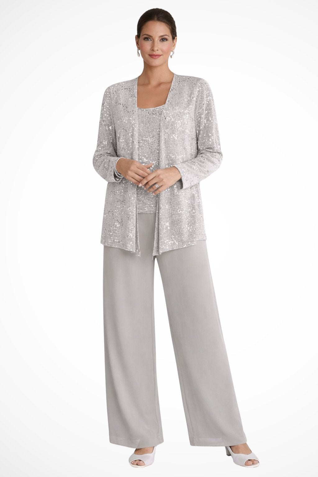 Women's Sequin Three-Piece Wide-Leg Pants Suit - Silver