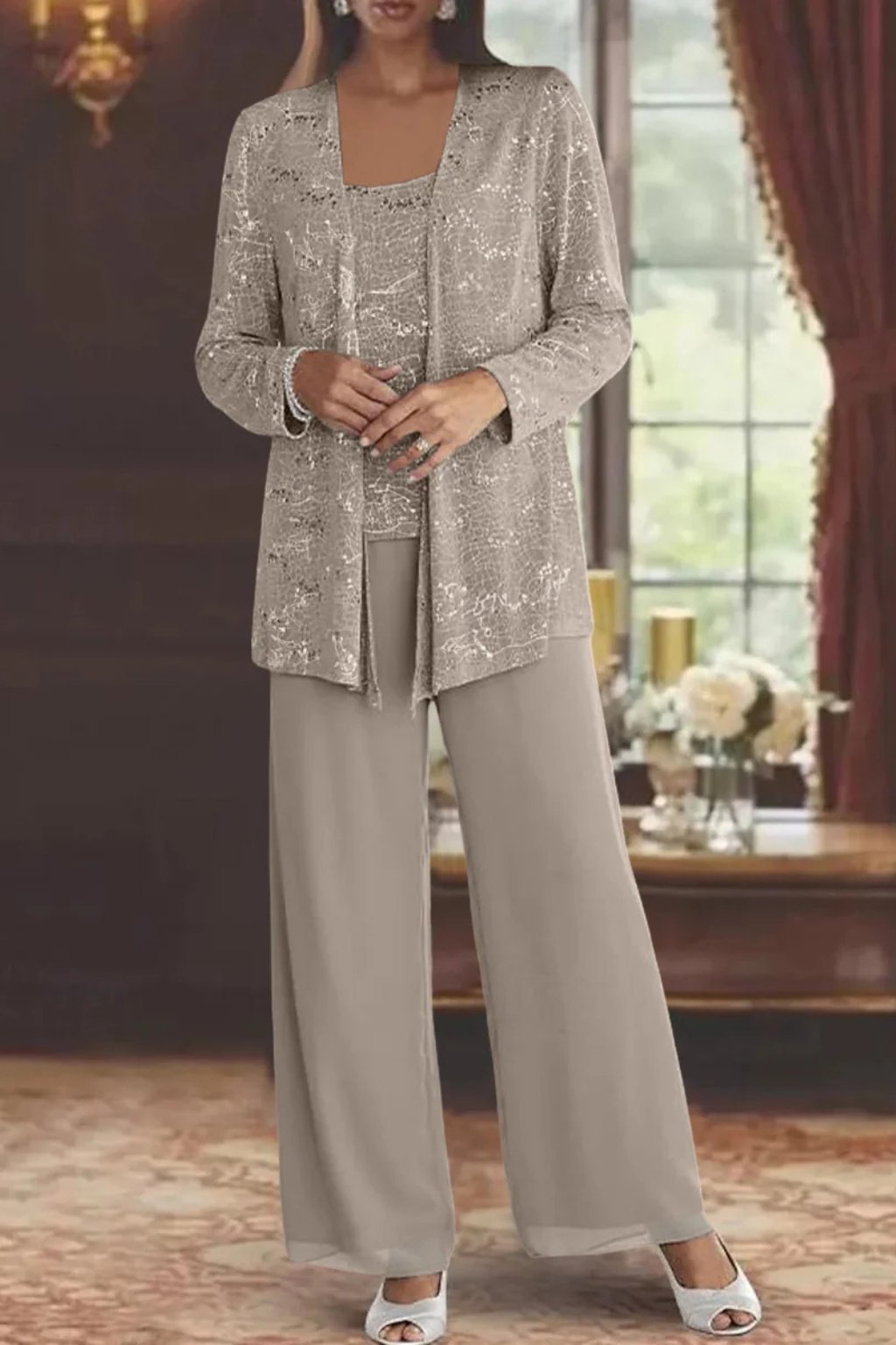 Women's Sequin Three-Piece Wide-Leg Pants Suit