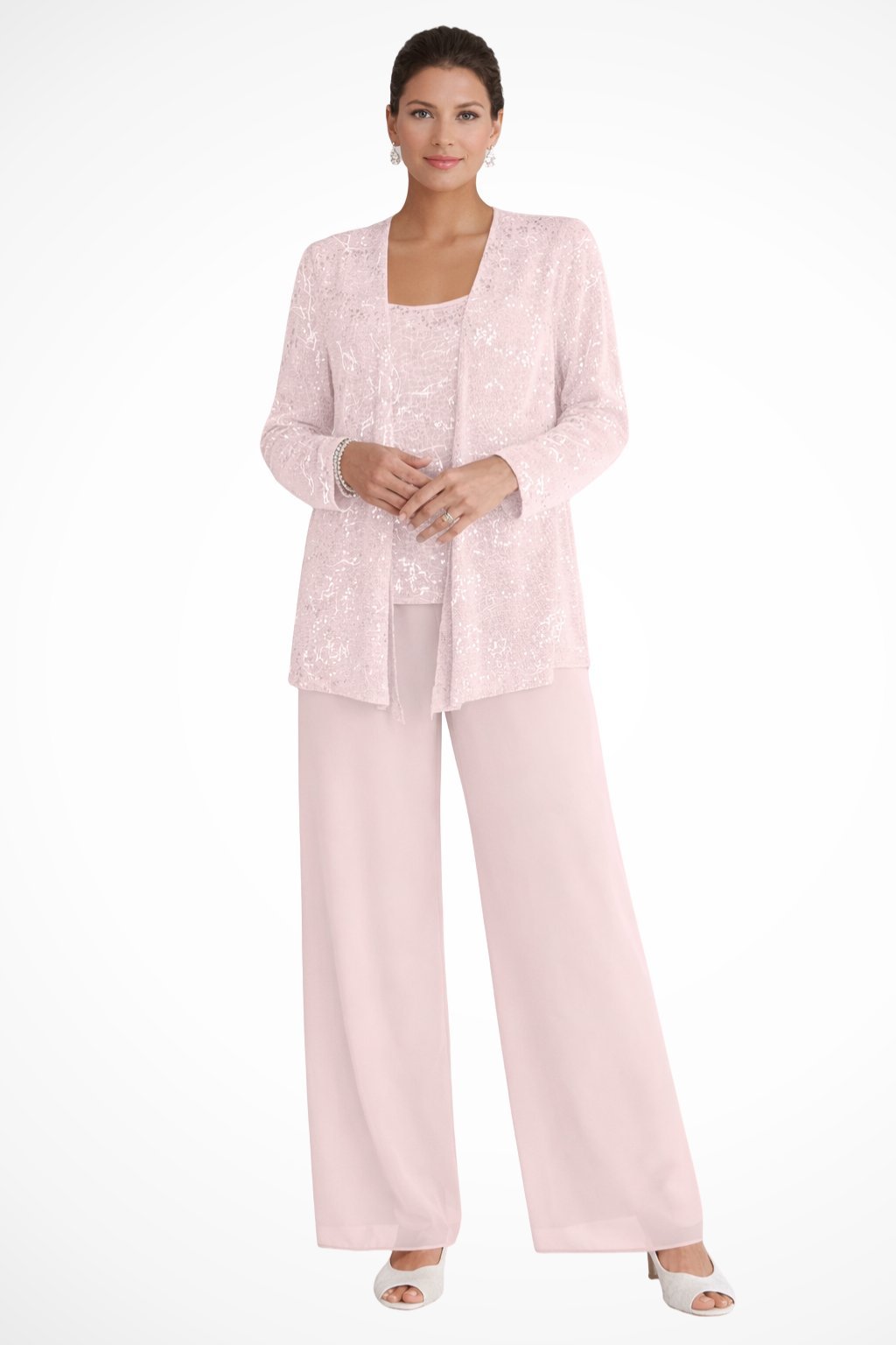 Women's Sequin Three-Piece Wide-Leg Pants Suit - Light Pink