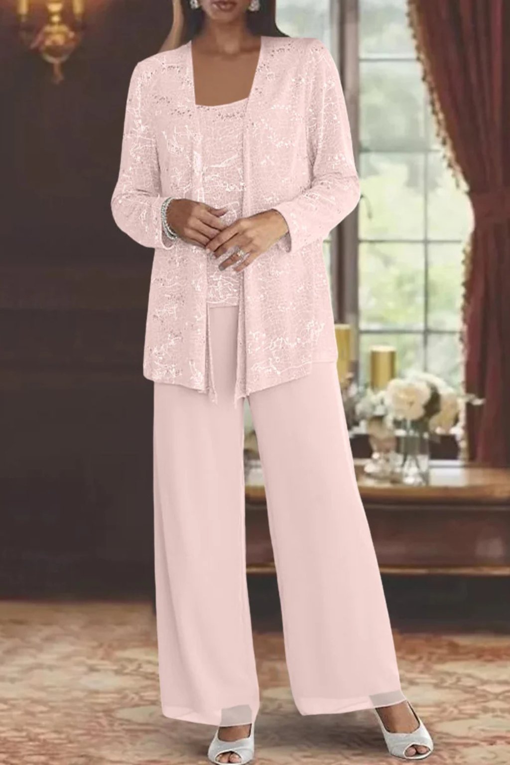 Women's Sequin Three-Piece Wide-Leg Pants Suit