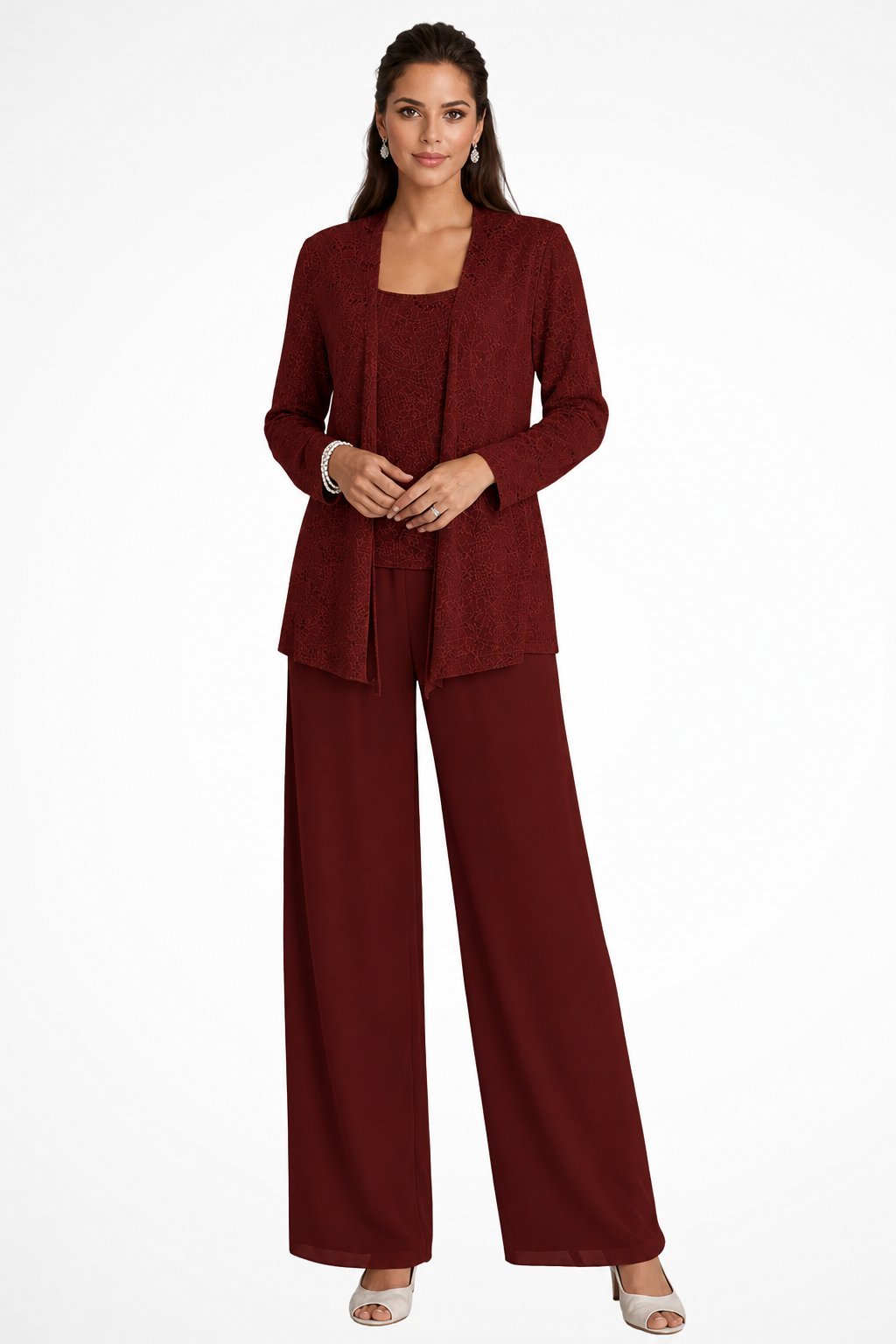 Women's Sequin Three-Piece Wide-Leg Pants Suit - Burgundy