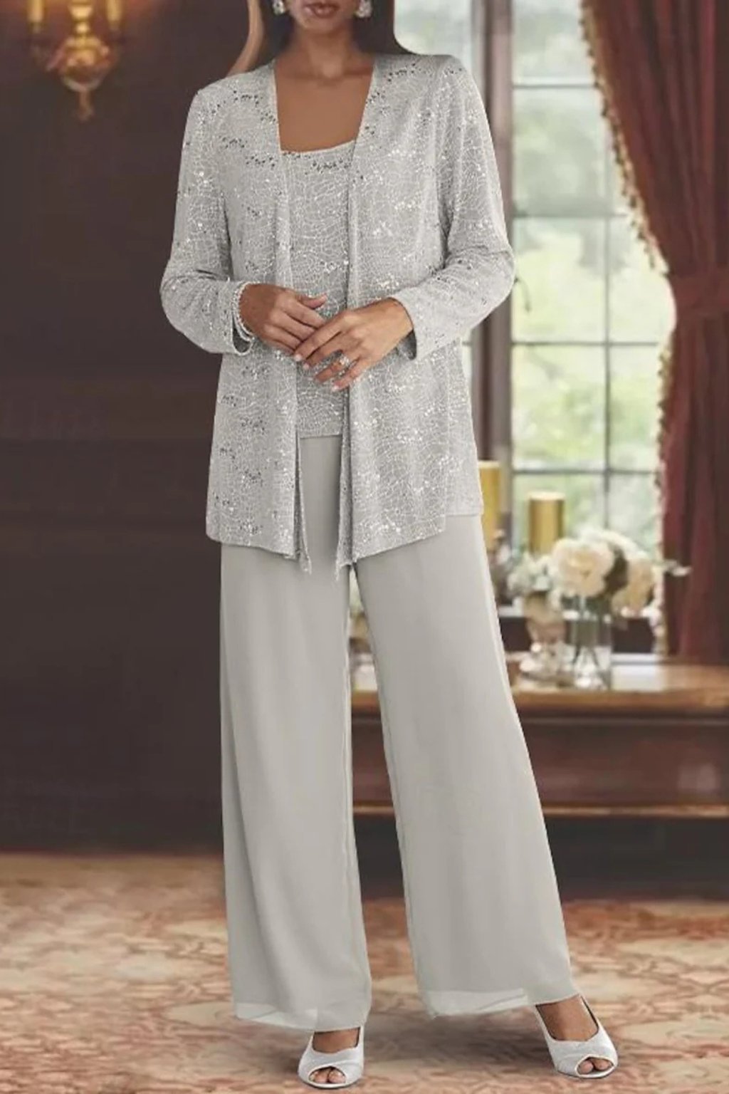 Women's Sequin Three-Piece Wide-Leg Pants Suit