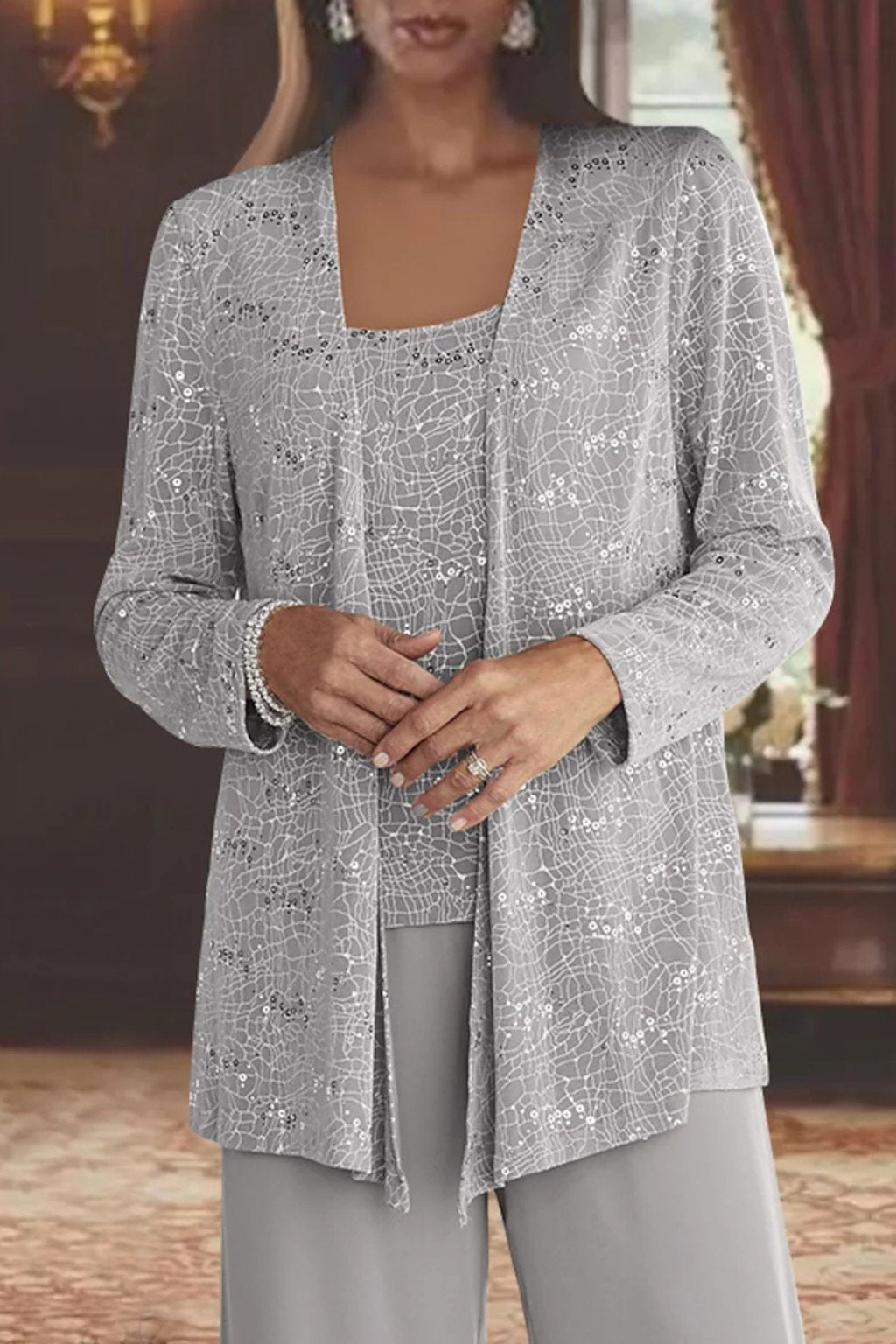 Women's Sequin Three-Piece Wide-Leg Pants Suit