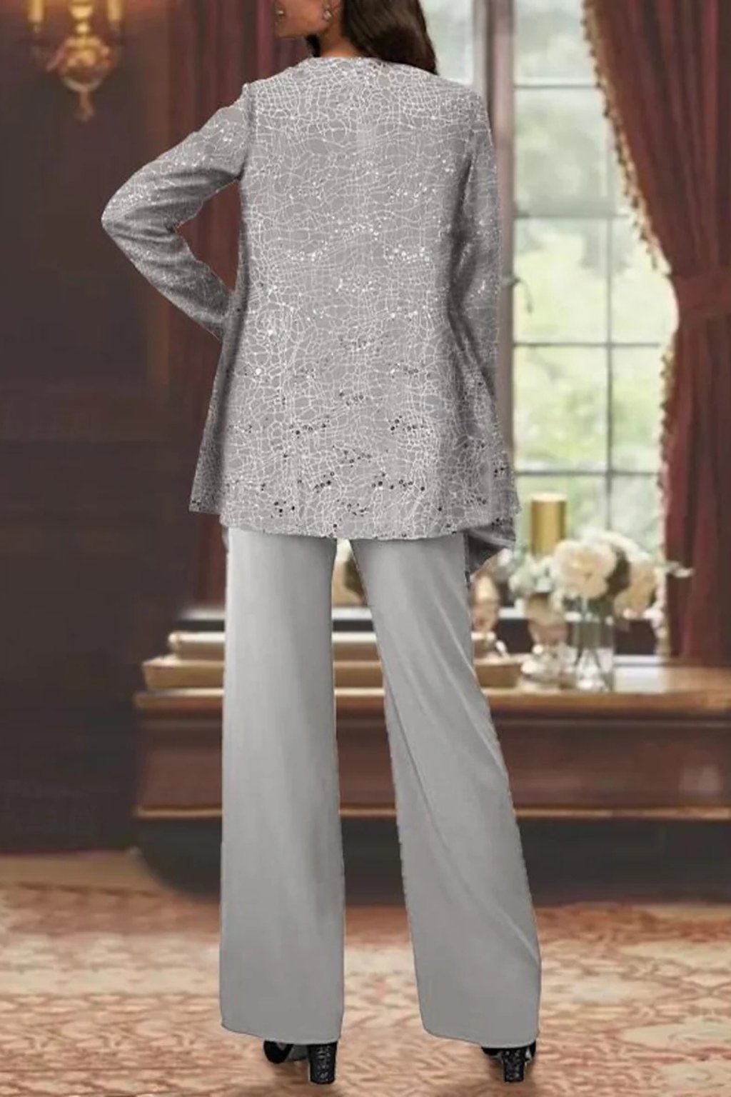 Women's Sequin Three-Piece Wide-Leg Pants Suit