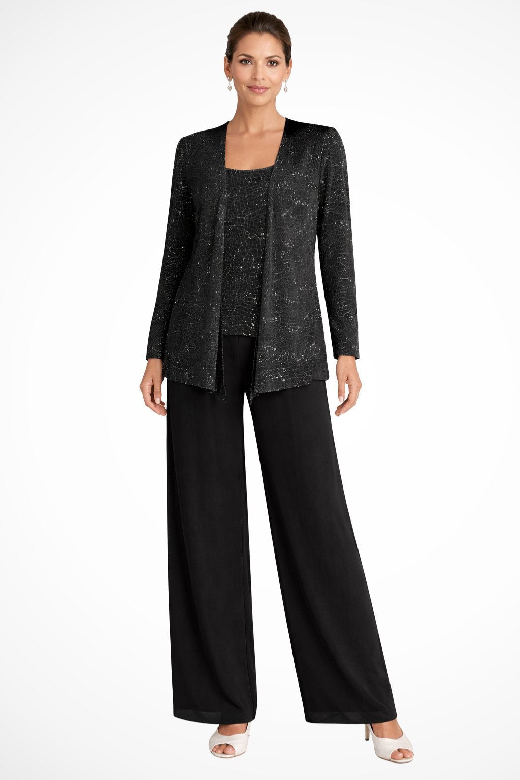 Women's Sequin Three-Piece Wide-Leg Pants Suit - Black