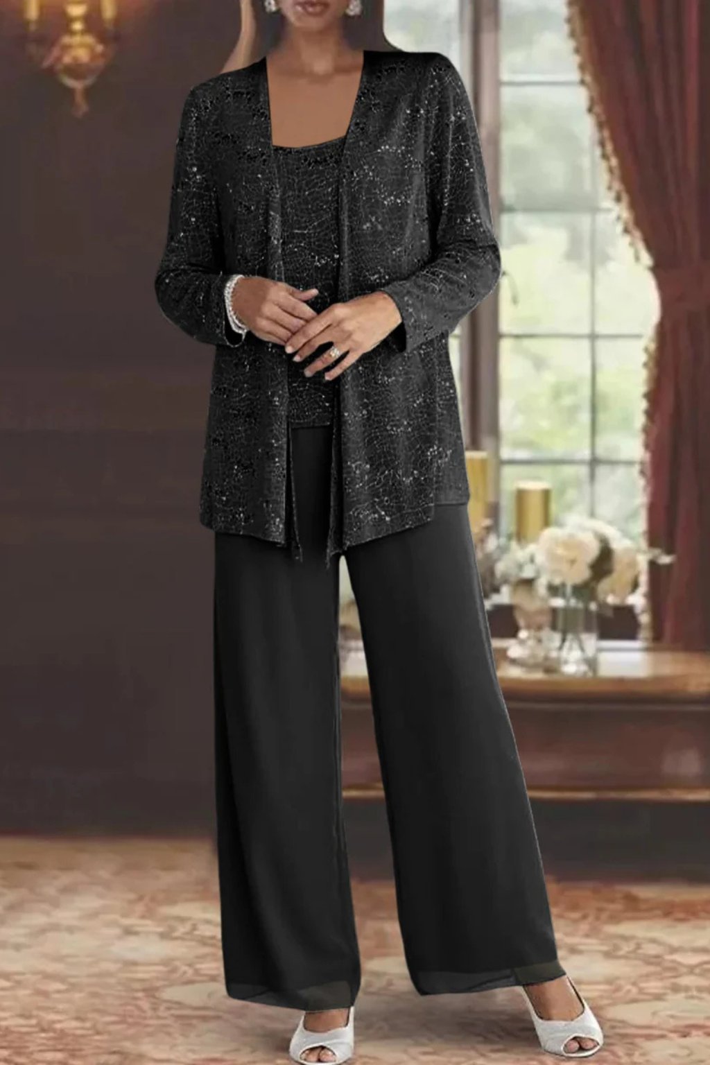 Women's Sequin Three-Piece Wide-Leg Pants Suit