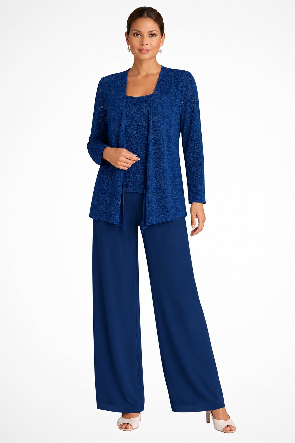 Women's Sequin Three-Piece Wide-Leg Pants Suit - Navy Blue