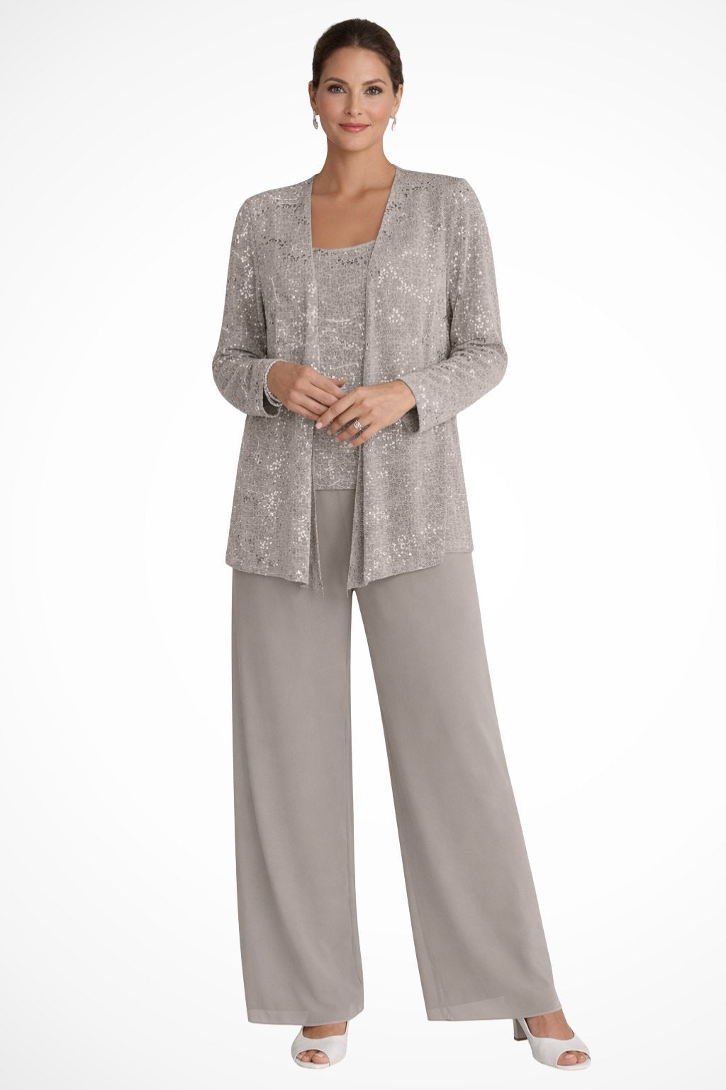 Women's Sequin Three-Piece Wide-Leg Pants Suit - Beige