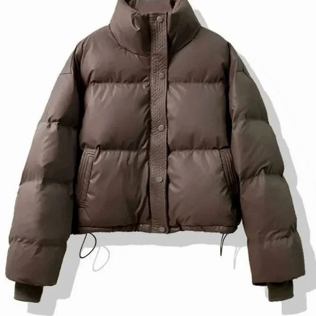 Women's Cropped Quilted Puffer Jacket with Faux Leather Finish