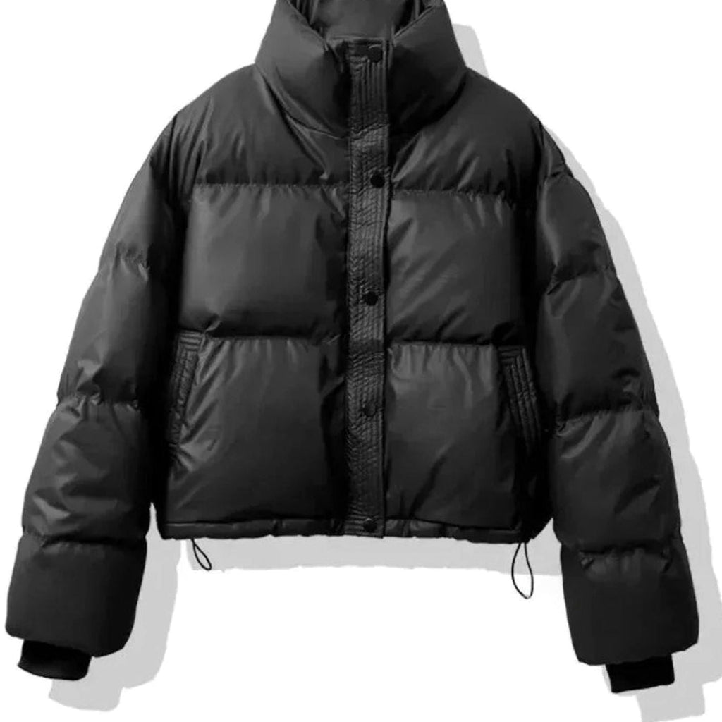 Women's Cropped Quilted Puffer Jacket with Faux Leather Finish - Black