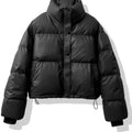 Women's Cropped Quilted Puffer Jacket with Faux Leather Finish - Black