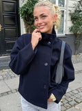 Women's Short Wool-Blend High Collar Button-Up Coat - Dark Blue