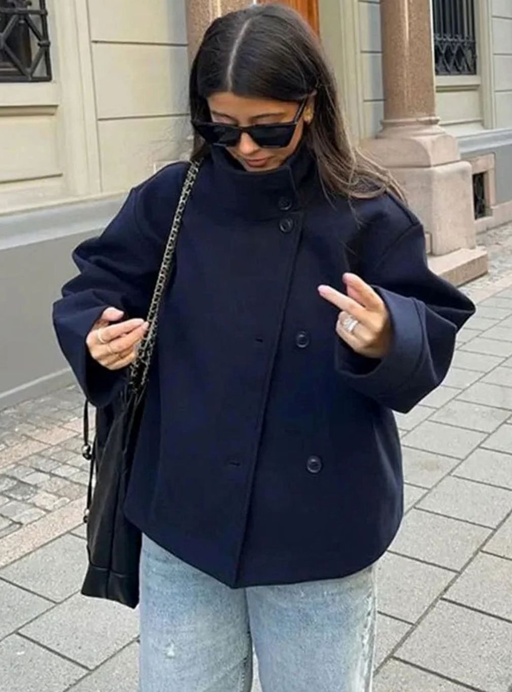 Women's Short Wool-Blend High Collar Button-Up Coat