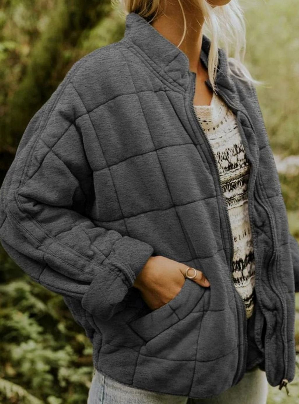 Women's Slim-Fit Diamond-Quilted Zip-Up Jacket - Dark Gray