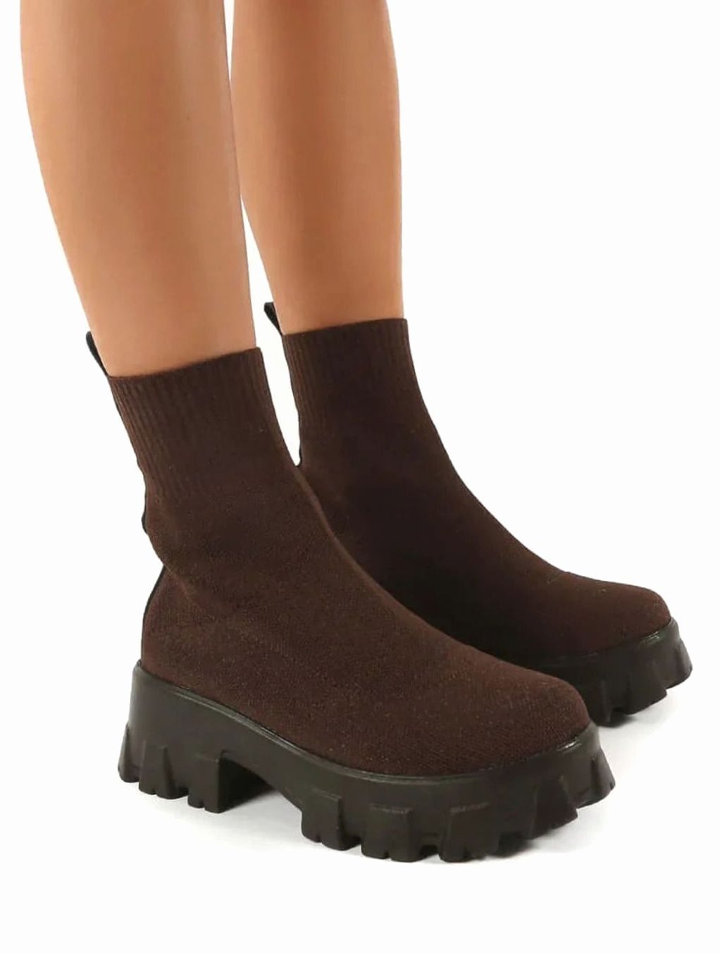 Women's Pull-On Knit Sock Boots with Lug Sole - Brown