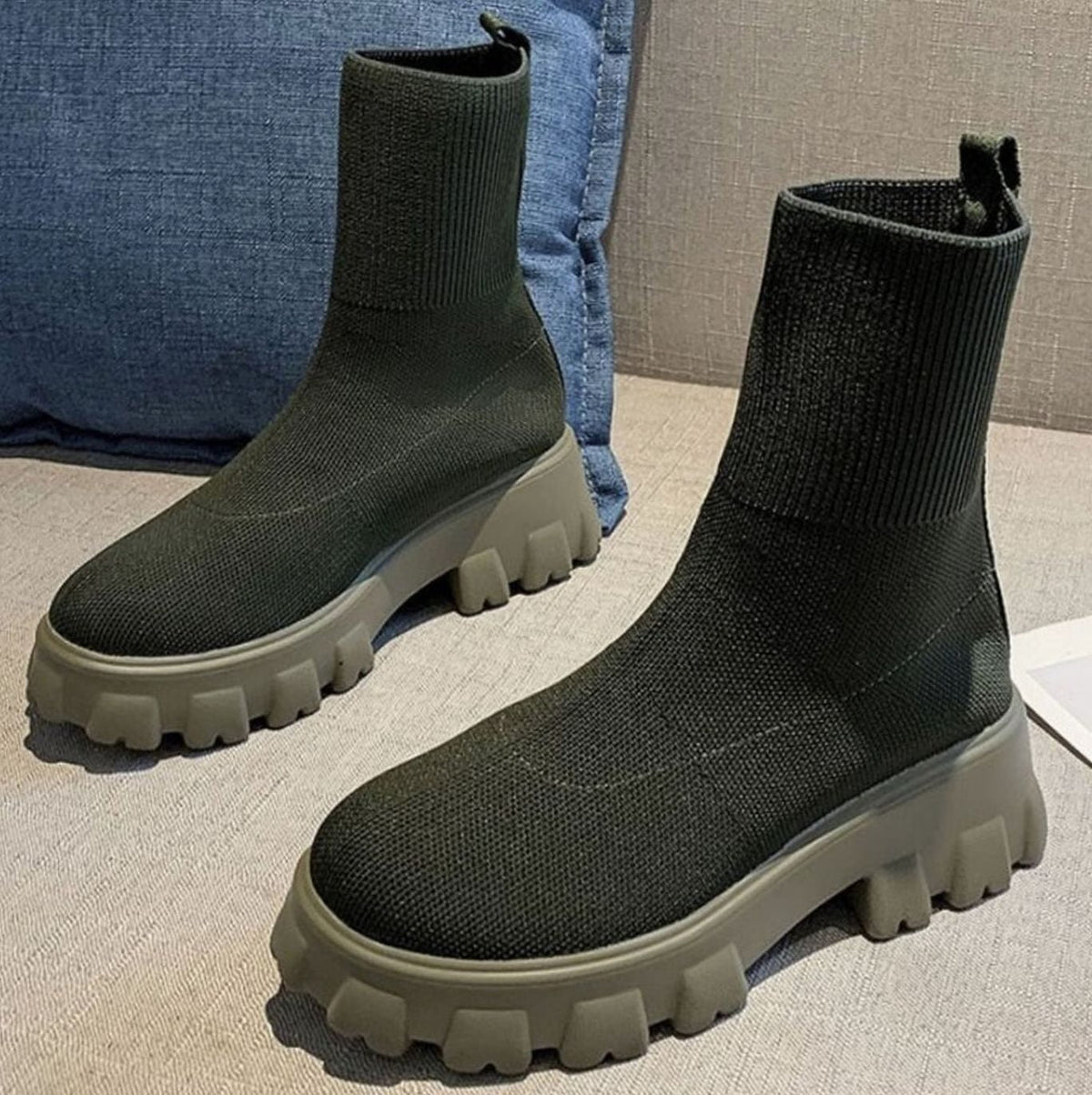 Women's Pull-On Knit Sock Boots with Lug Sole - Black