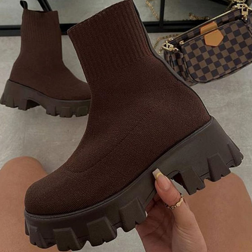 Women's Pull-On Knit Sock Boots with Lug Sole - Green