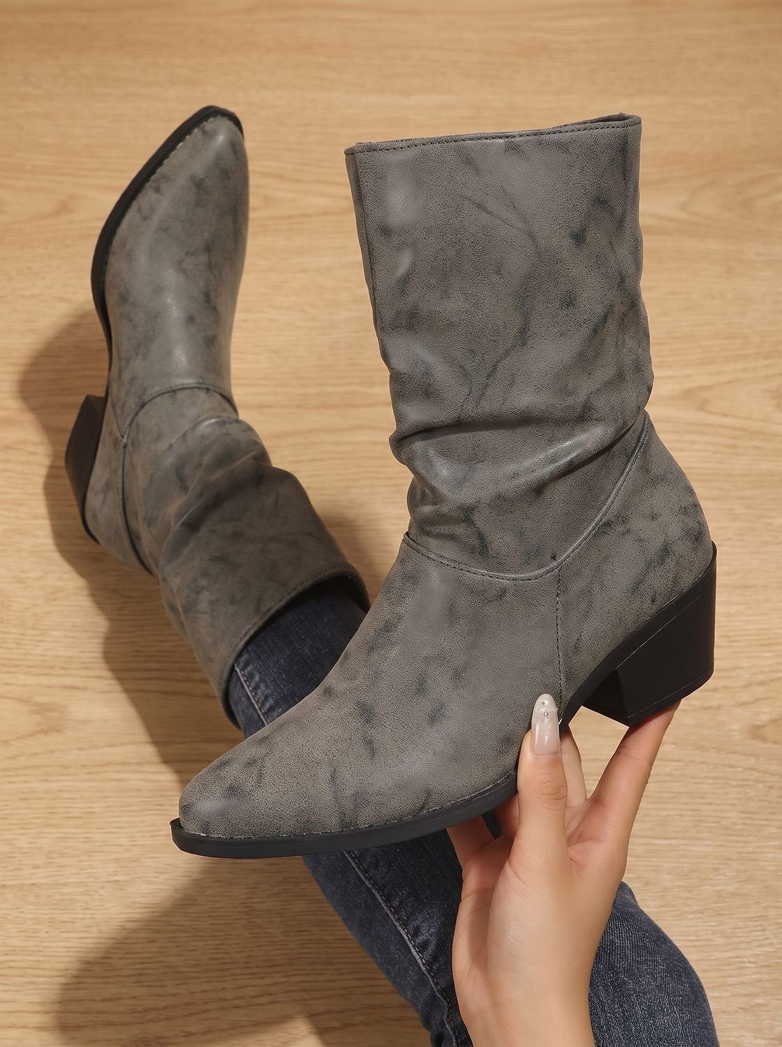 Women's Slouch Mid-Calf Faux Leather Boots with Pointed Toe - Gray