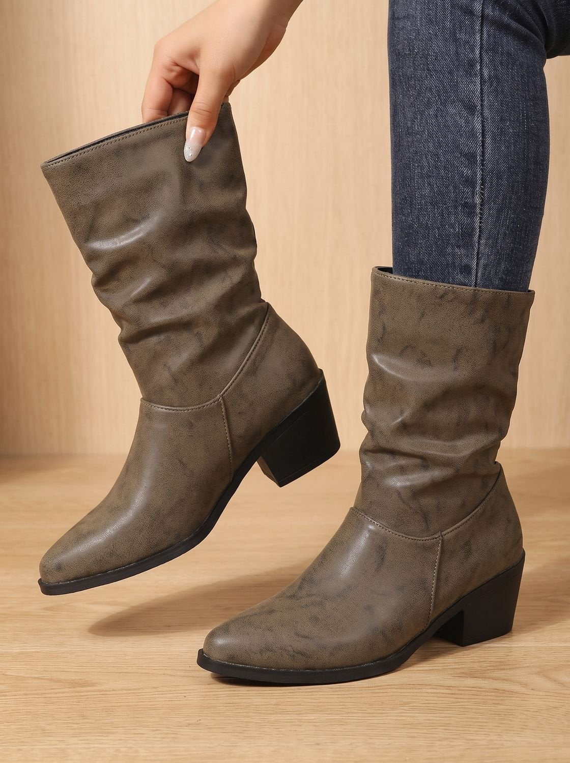 Women's Slouch Mid-Calf Faux Leather Boots with Pointed Toe - Khaki