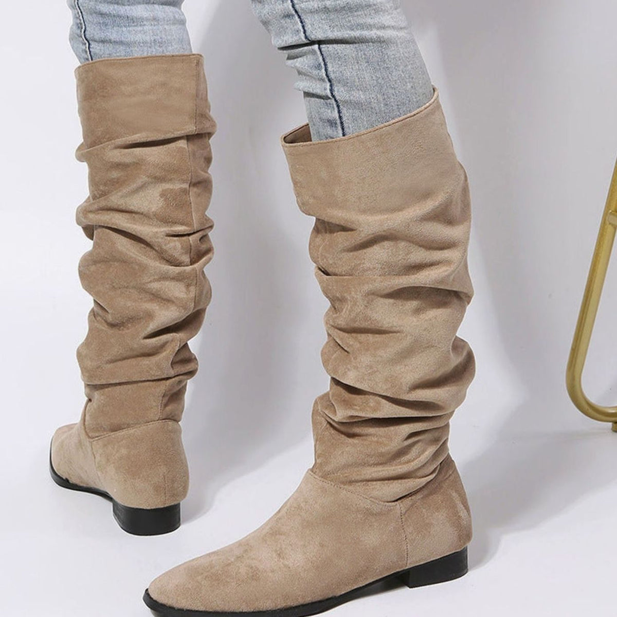 Women's Pointed-Toe Slouchy Knee-High Suede Boots - Khaki