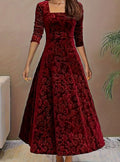 Women's Square Neck Velvet Floral Embossed Party Dress - Dark Red
