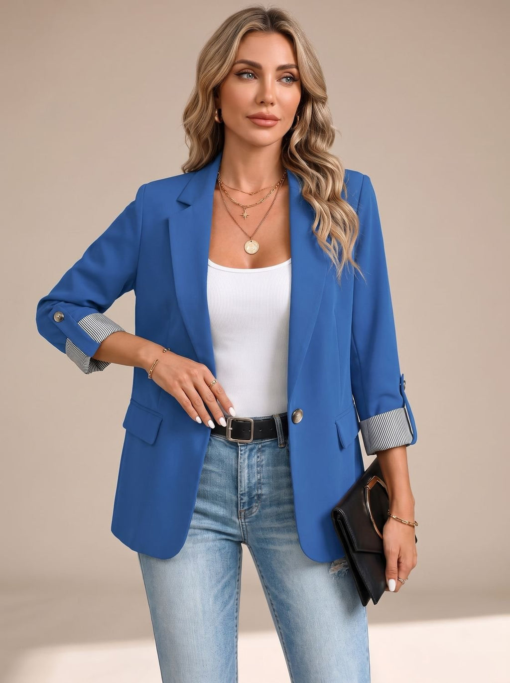 Women's Soft-Tailored Blazer with Striped Roll-Up Cuffs - Blue